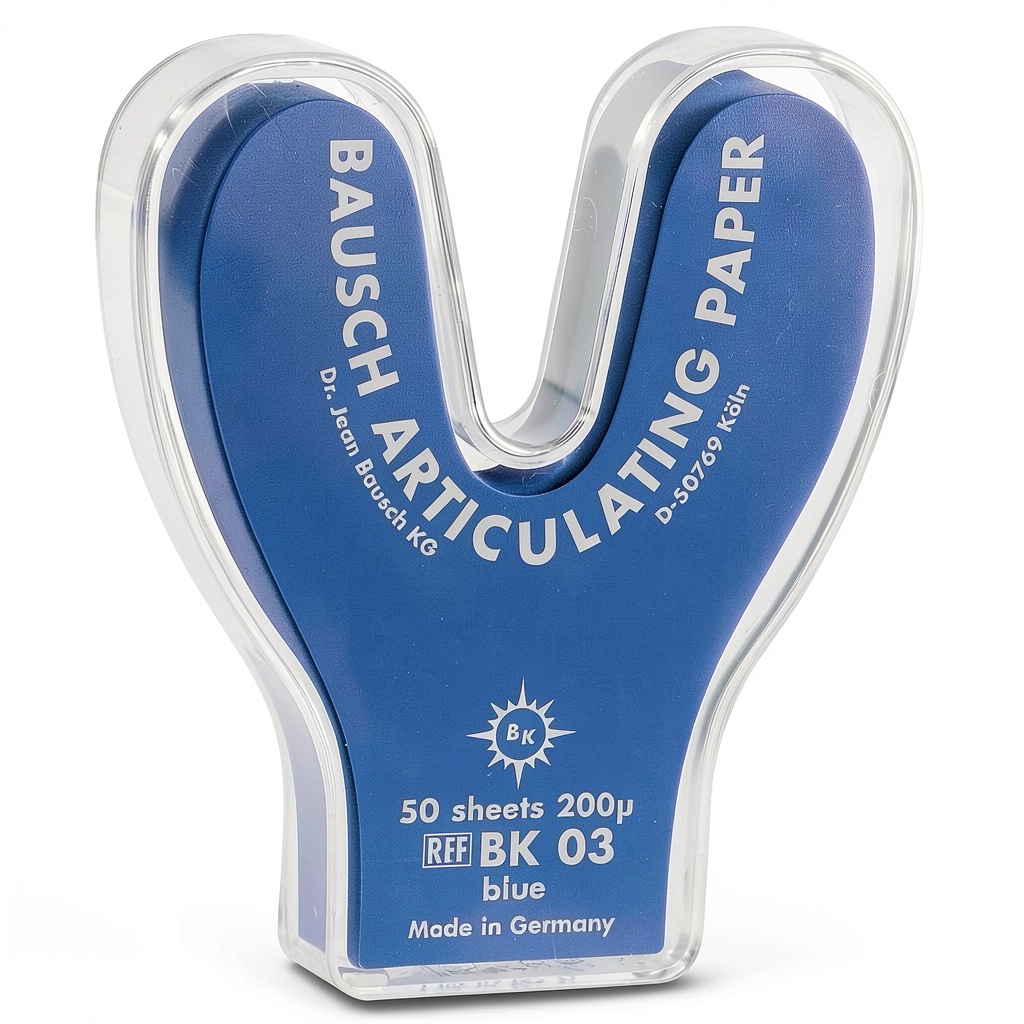 Bausch Articulating Paper in plastic horseshoe dispenser on dental tray