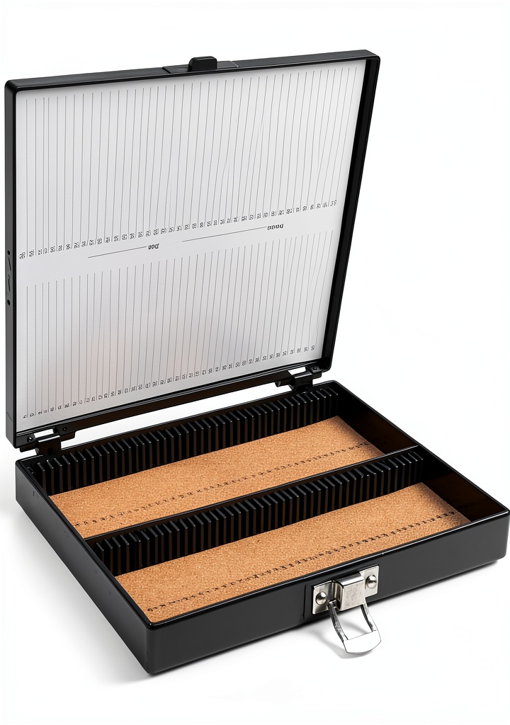Heathrow Scientific slide storage box with open lid showing numbered slots